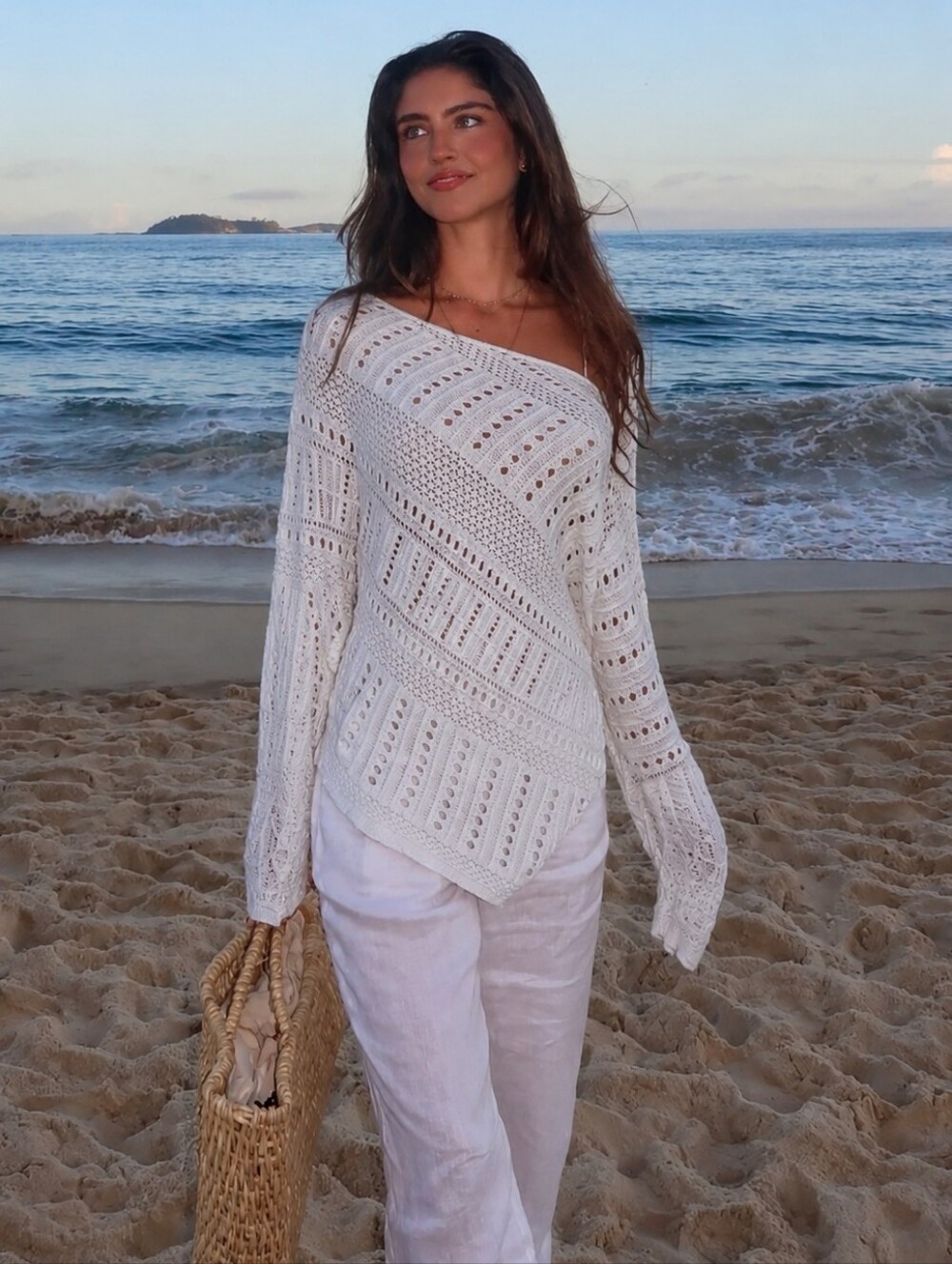 Le Chateau White Crochet Top Asymmetrical Long Sleeve Boho Size Xs